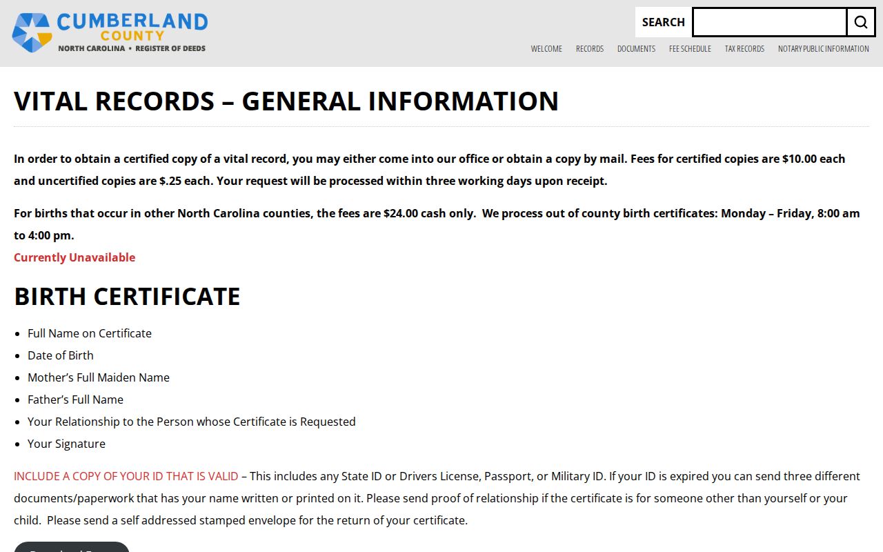 Fayetteville public records information for local vital certificates